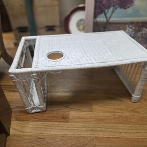 White Wicker Bedside Tray with Cup Holder